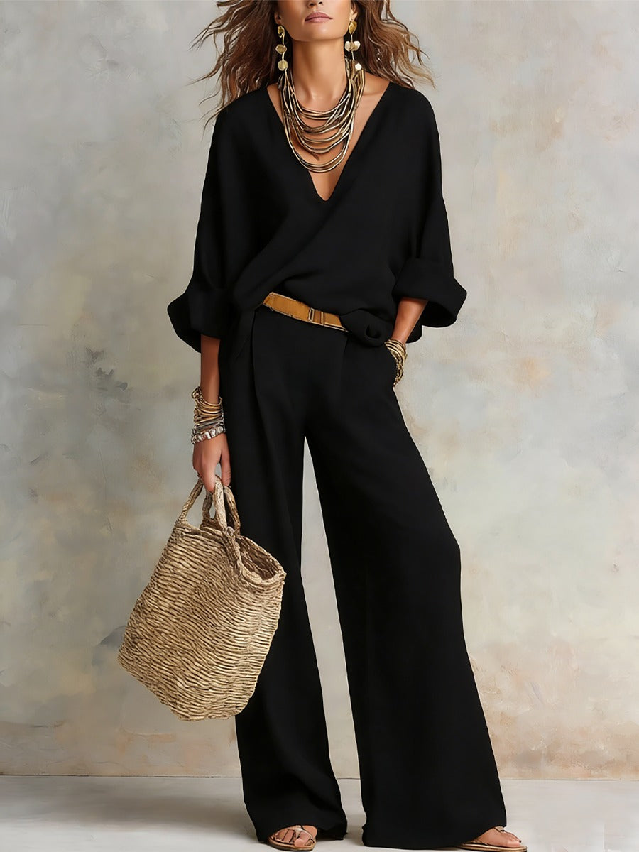 Women's Two Piece Linen Set with V-Neck Blouse and Wide Leg Trousers