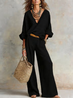 Women's Two Piece Linen Set with V-Neck Blouse and Wide Leg Trousers