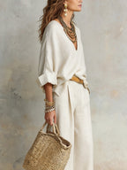 Women's Two Piece Linen Set with V-Neck Blouse and Wide Leg Trousers