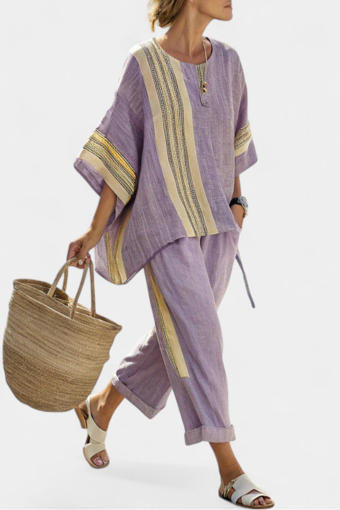 Women's Two Piece Linen Tunic Set with Contrast Stripe Trim