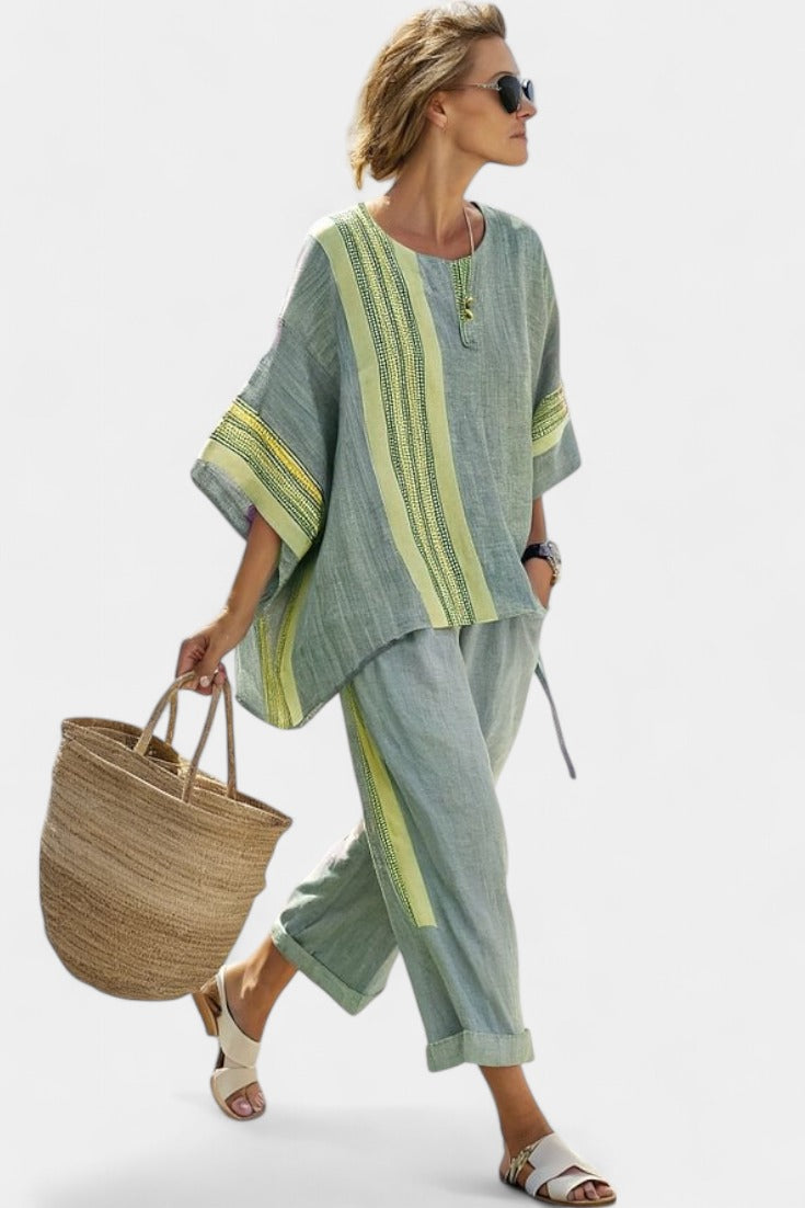 Women's Two Piece Linen Tunic Set with Contrast Stripe Trim