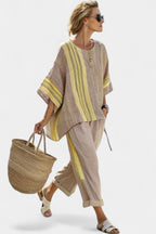 Women's Two Piece Linen Tunic Set with Contrast Stripe Trim