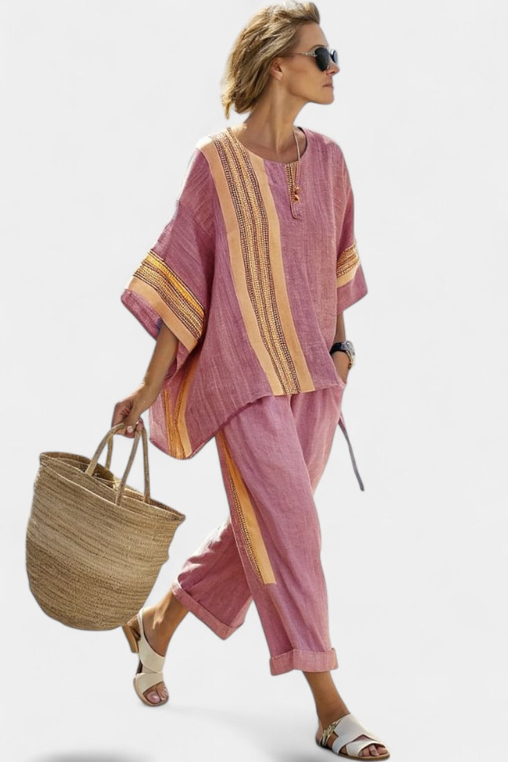 Women's Two Piece Linen Tunic Set with Contrast Stripe Trim