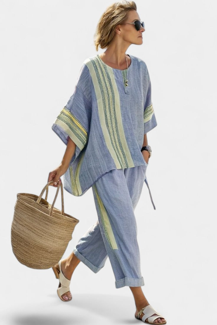Women's Two Piece Linen Tunic Set with Contrast Stripe Trim