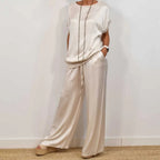 Women's Two-Piece Set with Round Neckline Short Sleeve Top and Wide-Leg Drawstring Trousers