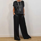 Women's Two-Piece Set with Round Neckline Short Sleeve Top and Wide-Leg Drawstring Trousers