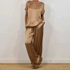 Women's Two-Piece Set with Round Neckline Short Sleeve Top and Wide-Leg Drawstring Trousers