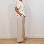 Women's Two-Piece Set with Round Neckline Short Sleeve Top and Wide-Leg Drawstring Trousers
