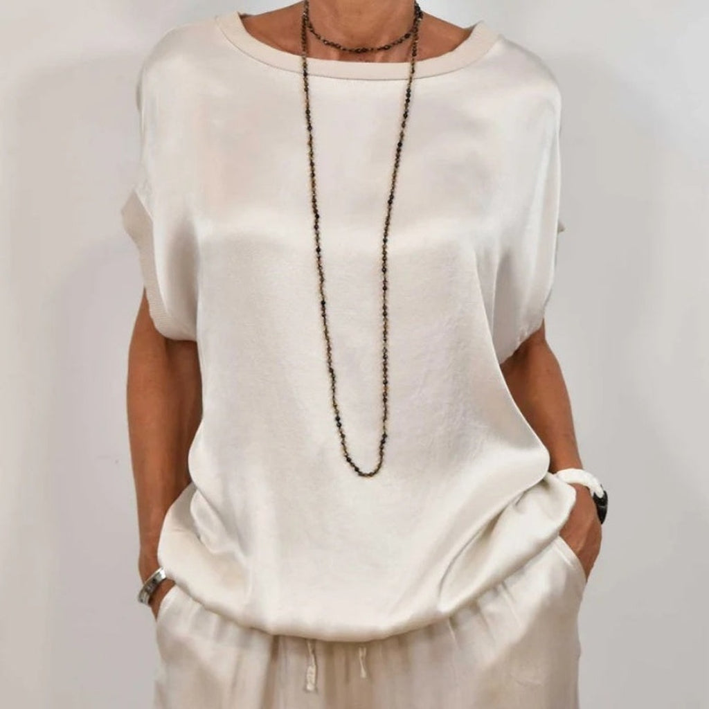 Women's Two-Piece Set with Round Neckline Short Sleeve Top and Wide-Leg Drawstring Trousers