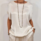 Women's Two-Piece Set with Round Neckline Short Sleeve Top and Wide-Leg Drawstring Trousers