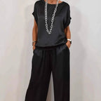 Women's Two-Piece Set with Round Neckline Short Sleeve Top and Wide-Leg Drawstring Trousers