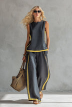 Women's Two-Piece Set with Sleeveless Top and Wide-Leg Trousers with Yellow Contrast Trim