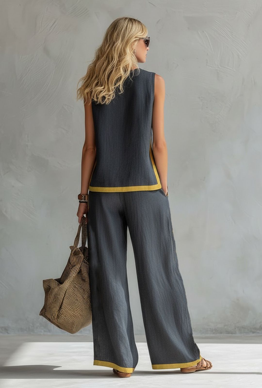 Women's Two-Piece Set with Sleeveless Top and Wide-Leg Trousers with Yellow Contrast Trim