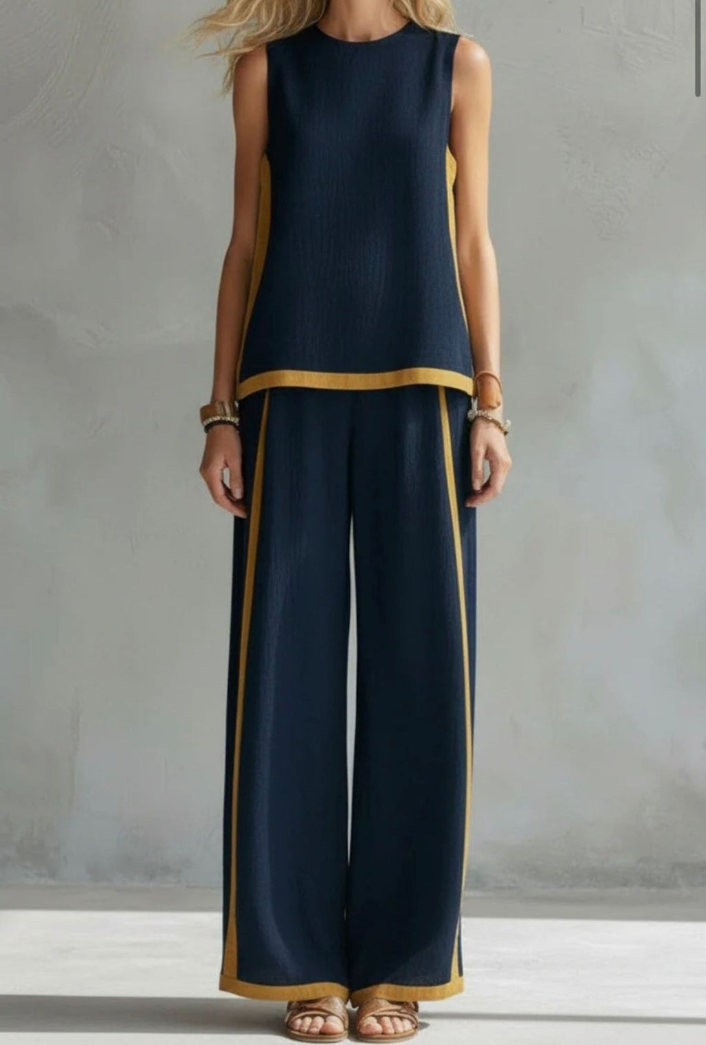 Women's Two-Piece Set with Sleeveless Top and Wide-Leg Trousers with Yellow Contrast Trim