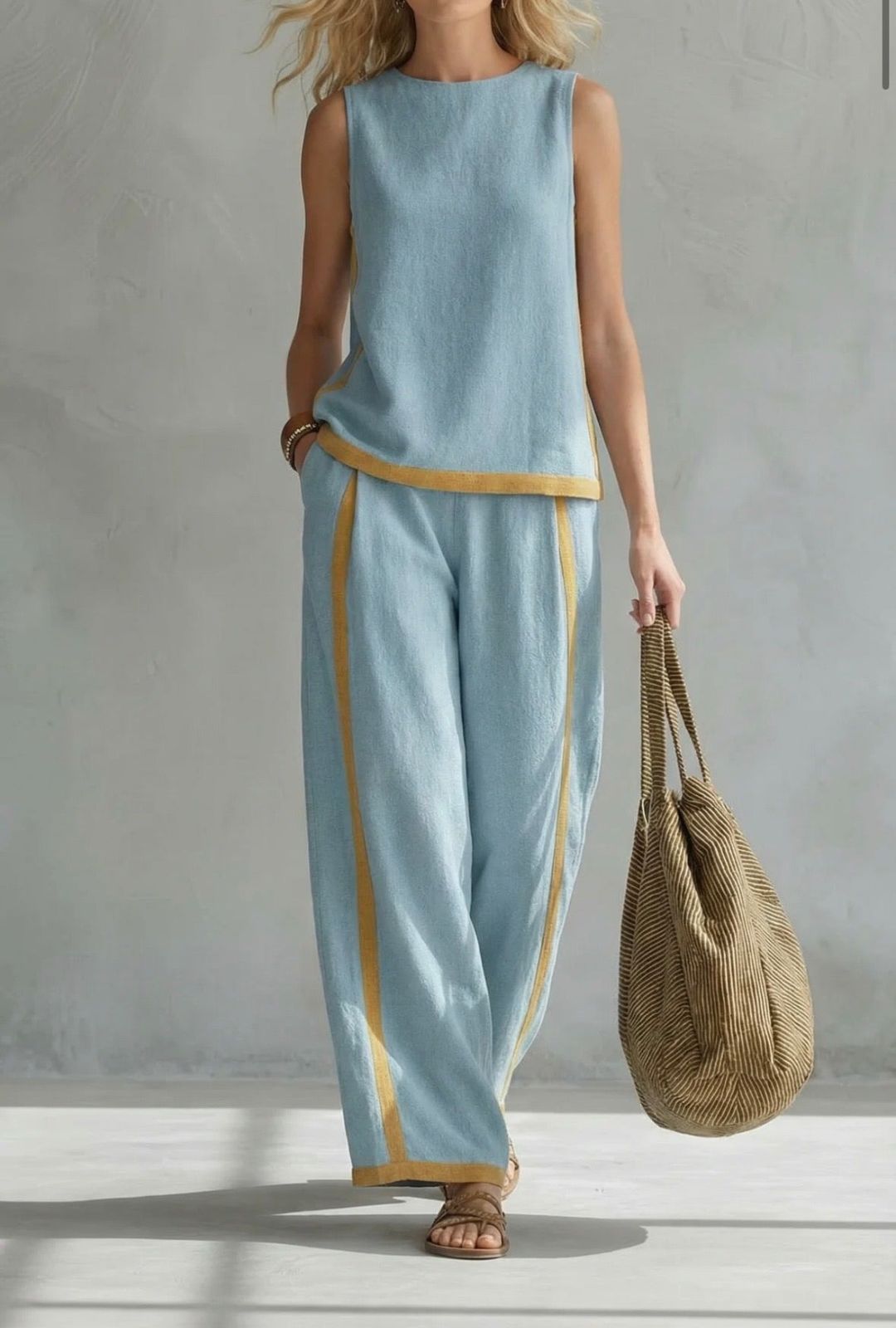 Women's Two-Piece Set with Sleeveless Top and Wide-Leg Trousers with Yellow Contrast Trim
