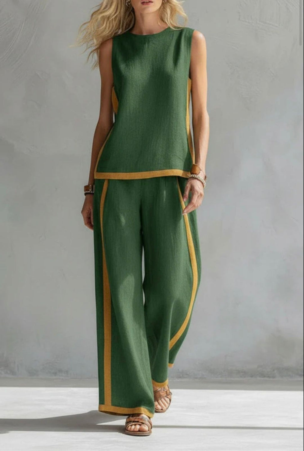 Women's Two-Piece Set with Sleeveless Top and Wide-Leg Trousers with Yellow Contrast Trim
