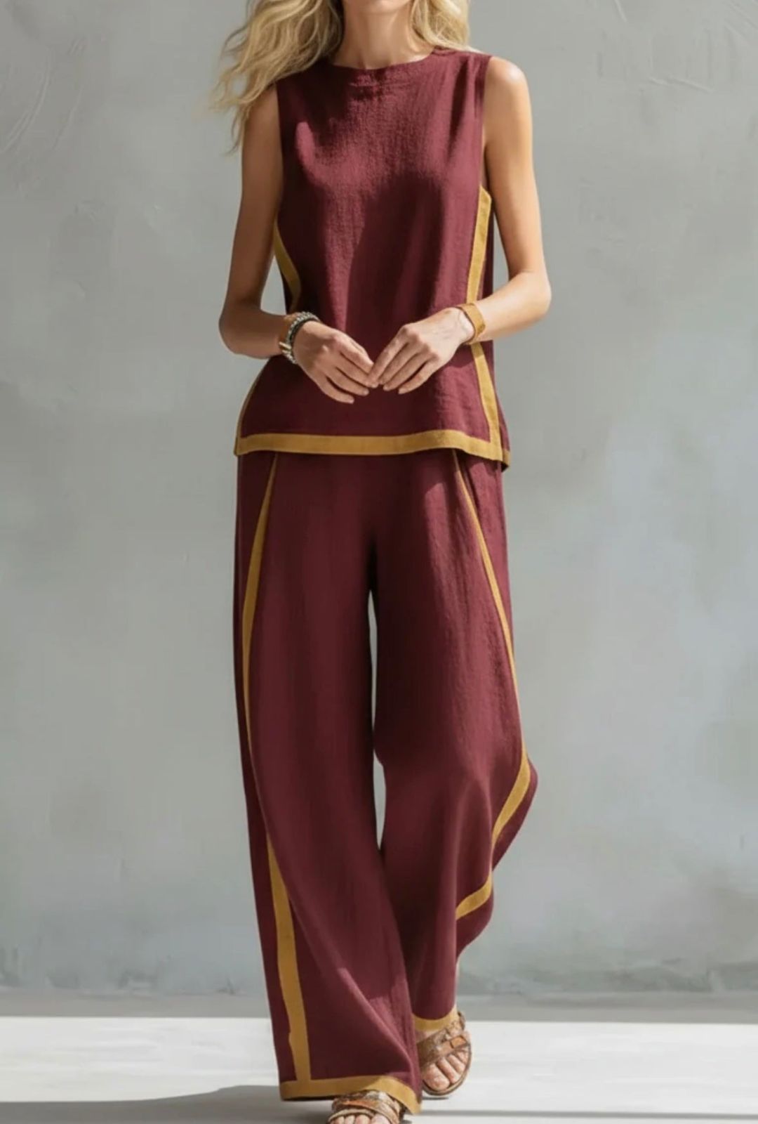 Women's Two-Piece Set with Sleeveless Top and Wide-Leg Trousers with Yellow Contrast Trim