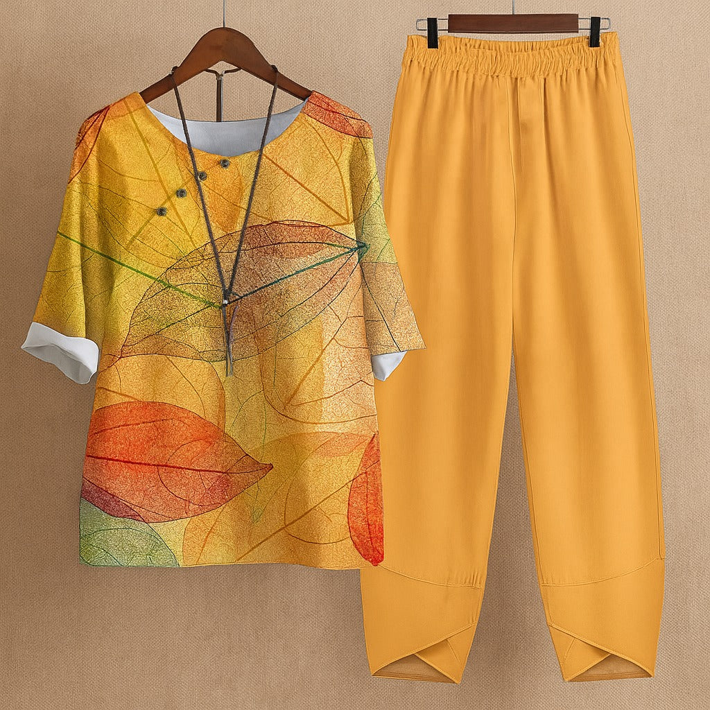 Women's Two Piece Summer Co-Ord Set with Printed Blouse and Trousers