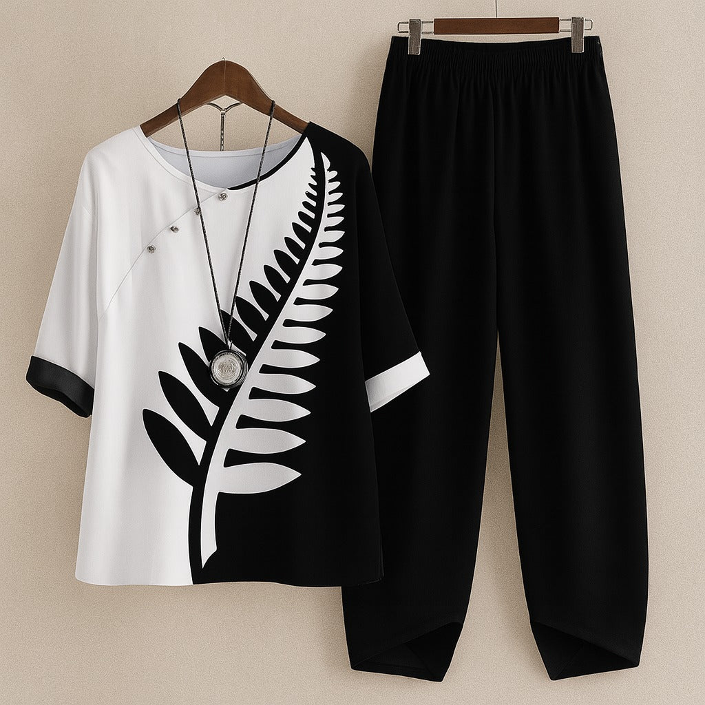 Women's Two Piece Summer Co-Ord Set with Printed Blouse and Trousers