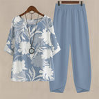 Women's Two Piece Summer Co-Ord Set with Printed Blouse and Trousers