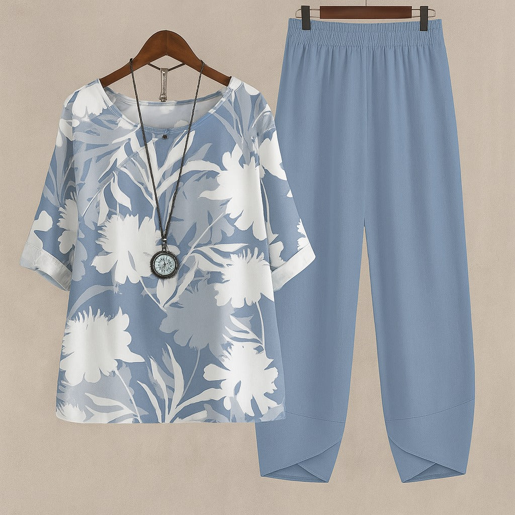 Women's Two Piece Summer Co-Ord Set with Printed Blouse and Trousers