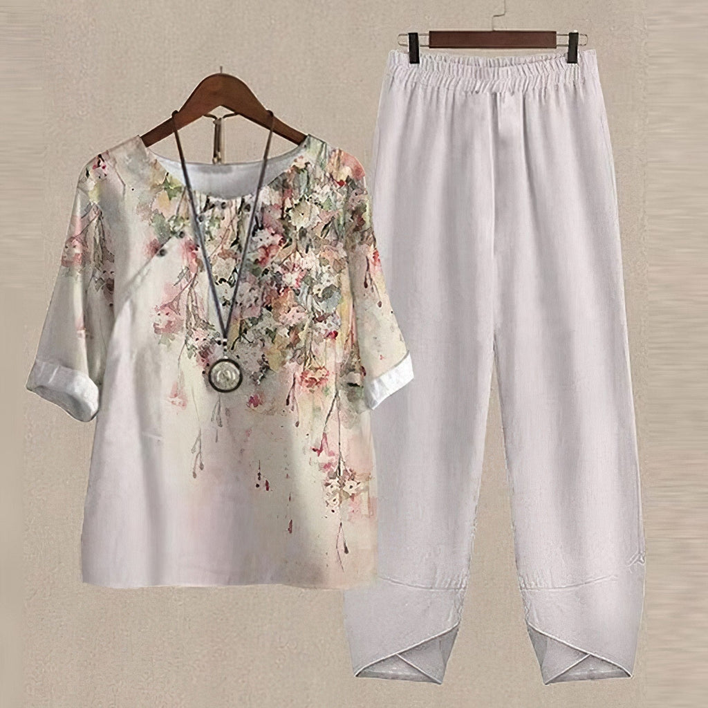 Women's Two Piece Summer Co-Ord Set with Printed Blouse and Trousers