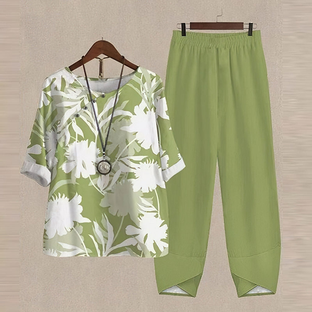 Women's Two Piece Summer Co-Ord Set with Printed Blouse and Trousers
