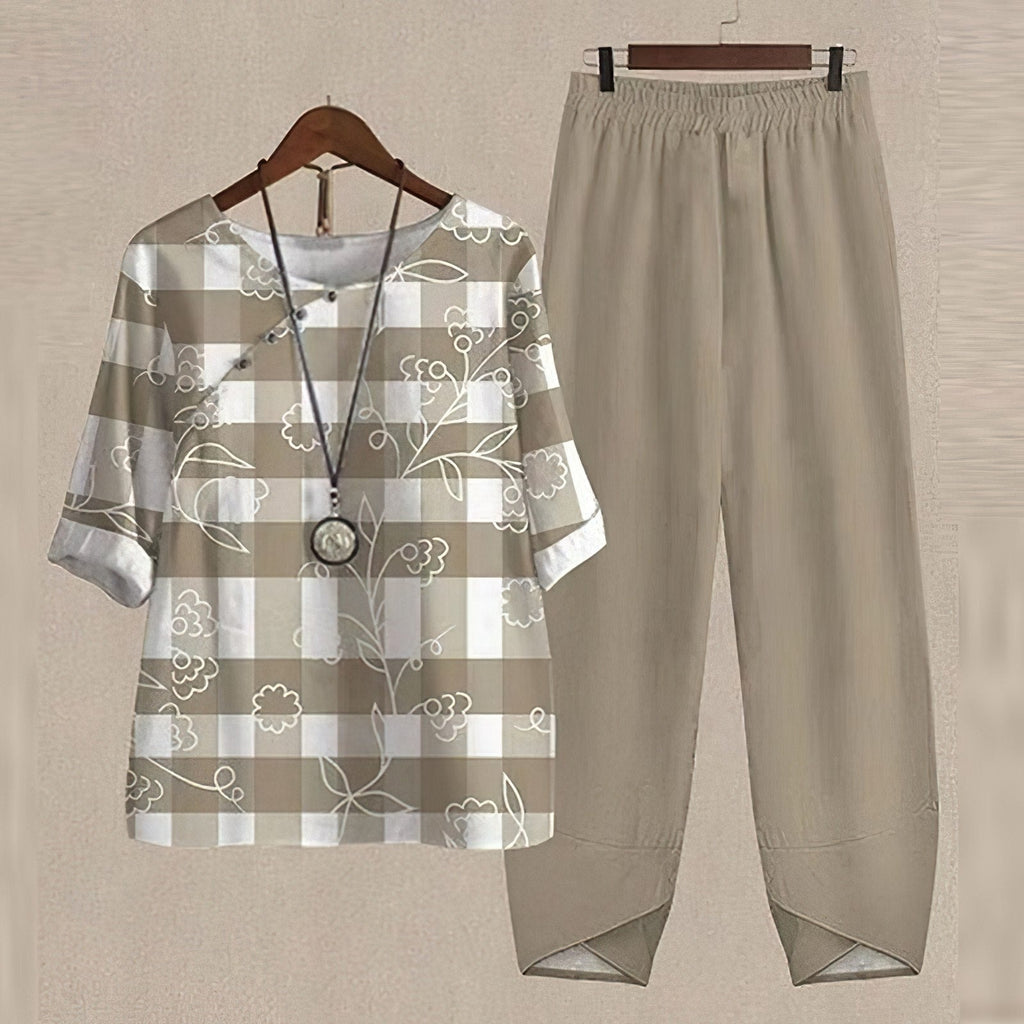 Women's Two Piece Summer Co-Ord Set with Printed Blouse and Trousers