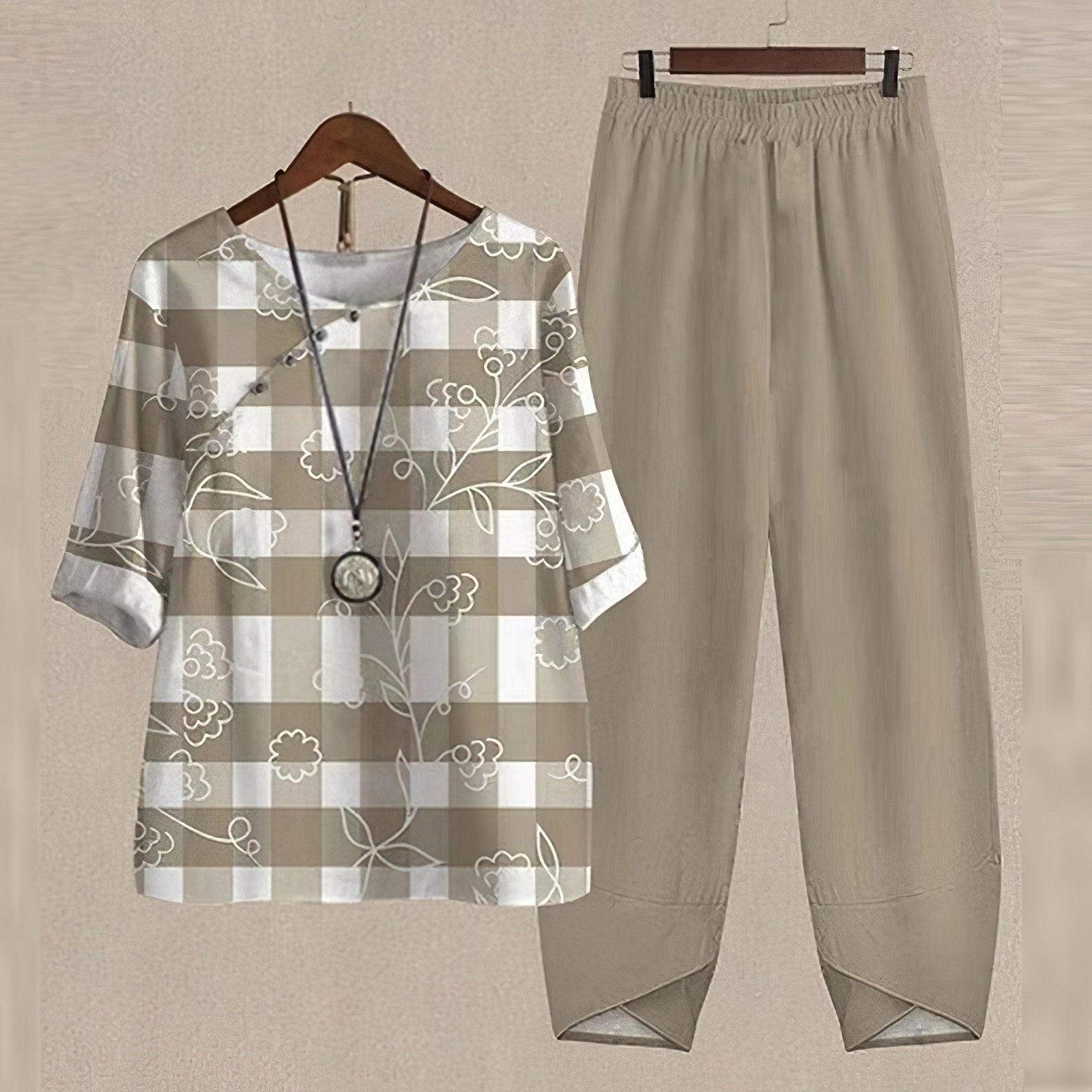 Women's Two Piece Summer Co-Ord Set with Printed Blouse and Trousers