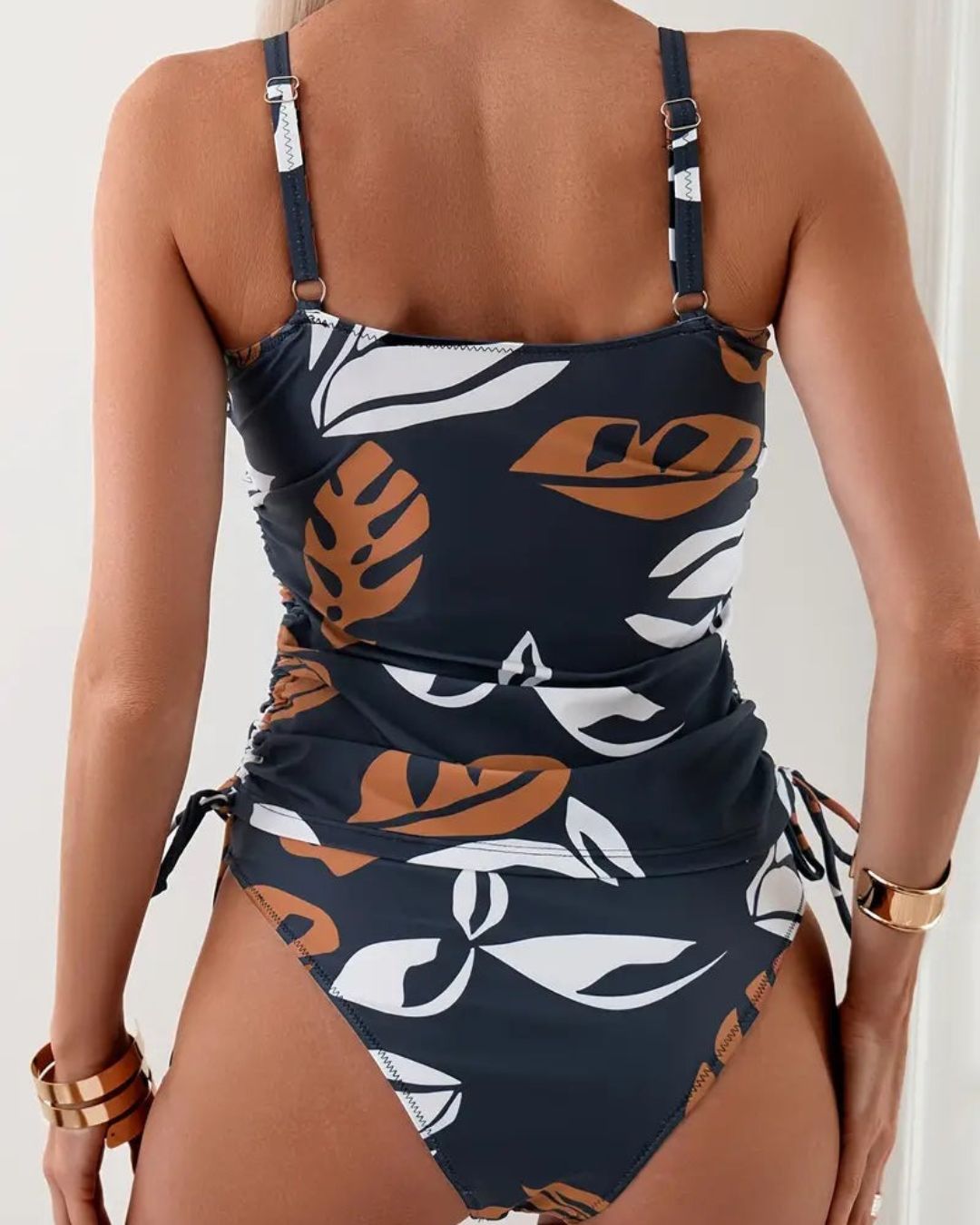 Women's Two-Piece Swimwear Set with Tropical Leaf Print Ruched Sides and Adjustable Straps