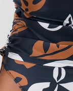 Women's Two-Piece Swimwear Set with Tropical Leaf Print Ruched Sides and Adjustable Straps