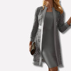 Women's Two Piece Wedding Guest Dress with Open-Overlay Jacket