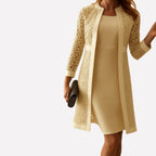 Women's Two Piece Wedding Guest Dress with Open-Overlay Jacket