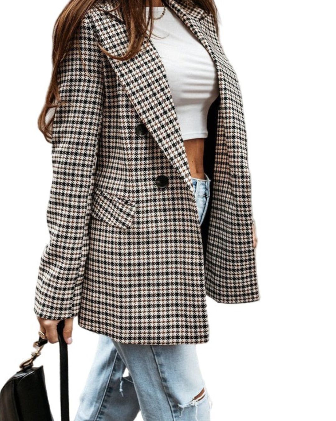 Women's Two-Row Button Blazer with Houndstooth Print and Notched Lapel