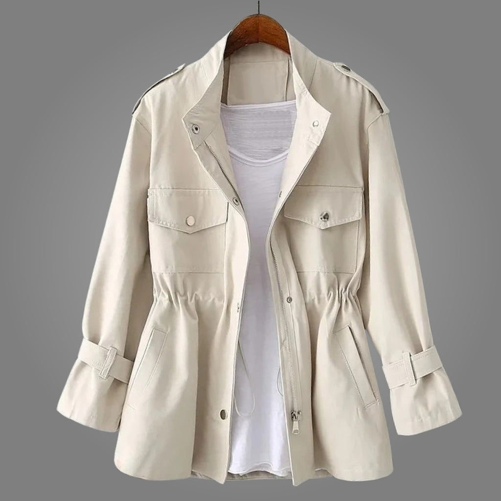 Women's Utility Jacket with Elasticated Waist and Snap Button Chest Pockets and Centre Front Zip Closure