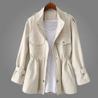 Women's Utility Jacket with Elasticated Waist and Snap Button Chest Pockets and Centre Front Zip Closure
