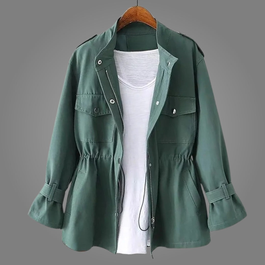 Women's Utility Jacket with Elasticated Waist and Snap Button Chest Pockets and Centre Front Zip Closure