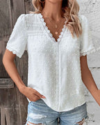 Women's V-Neck Blouse with Lace Trim Detail and Short Sleeves
