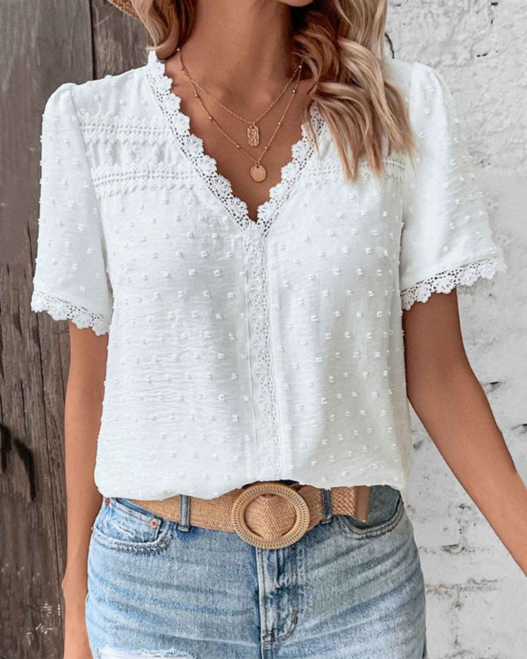 Women's V-Neck Blouse with Lace Trim Detail and Short Sleeves