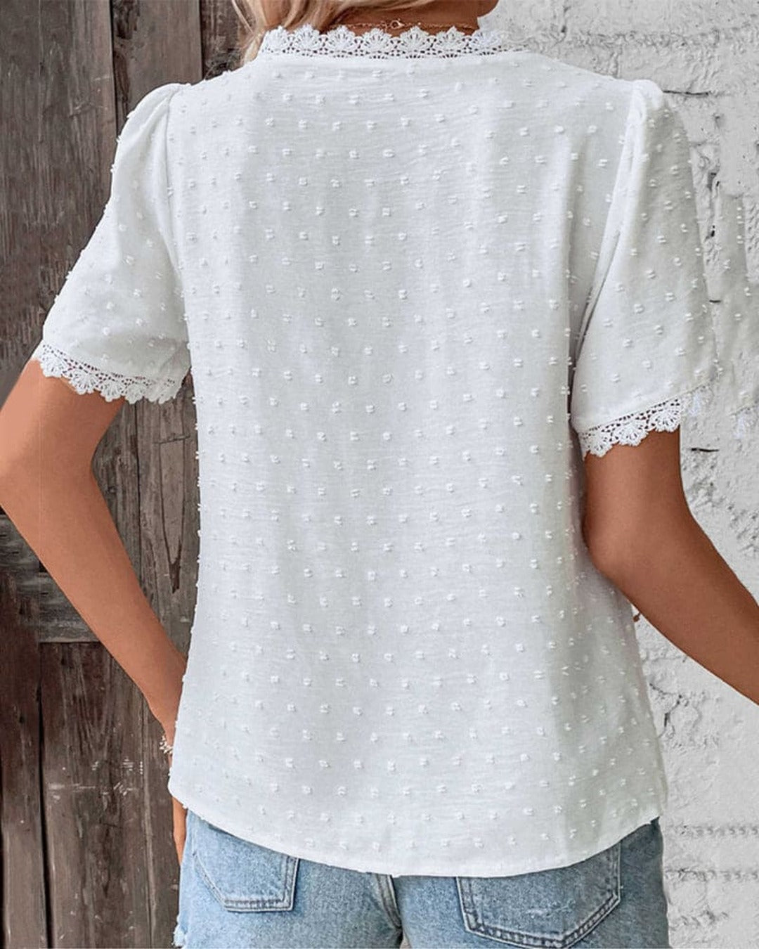 Women's V-Neck Blouse with Lace Trim Detail and Short Sleeves