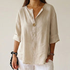 Women's V-Neck Blouse with Single Button Closure and Rolled Three-Quarter Sleeves