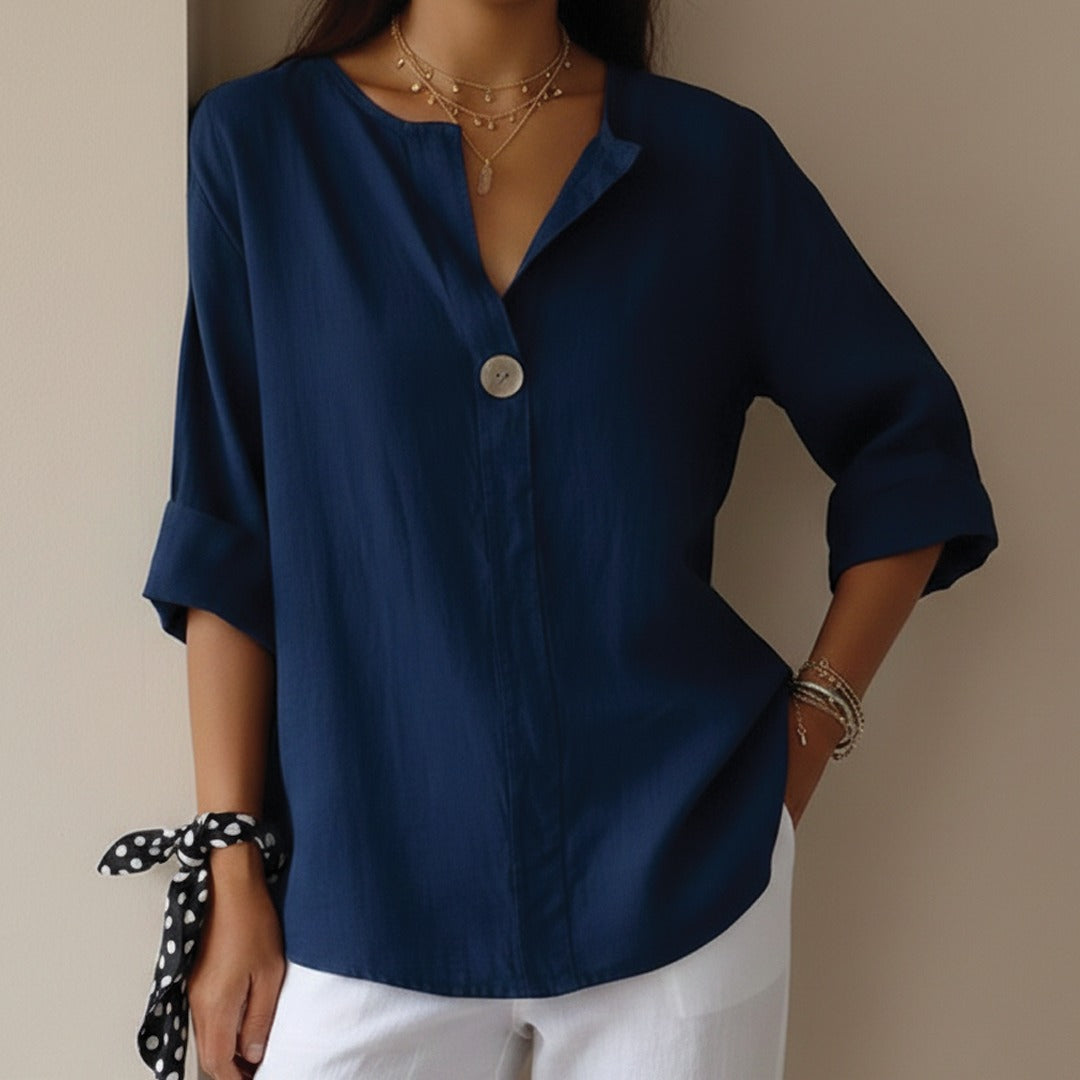 Women's V-Neck Blouse with Single Button Closure and Rolled Three-Quarter Sleeves