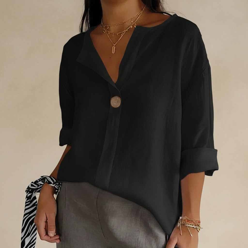 Women's V-Neck Blouse with Single Button Closure and Rolled Three-Quarter Sleeves