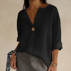 Women's V-Neck Blouse with Single Button Closure and Rolled Three-Quarter Sleeves