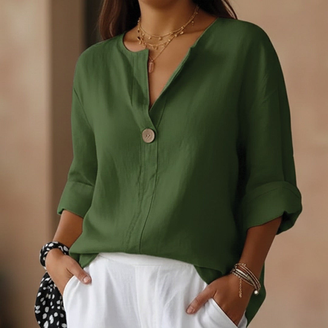 Women's V-Neck Blouse with Single Button Closure and Rolled Three-Quarter Sleeves
