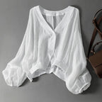 Women's V-Neck Button-Front Cropped Blouse with Balloon Sleeves and Elasticated Cuffs