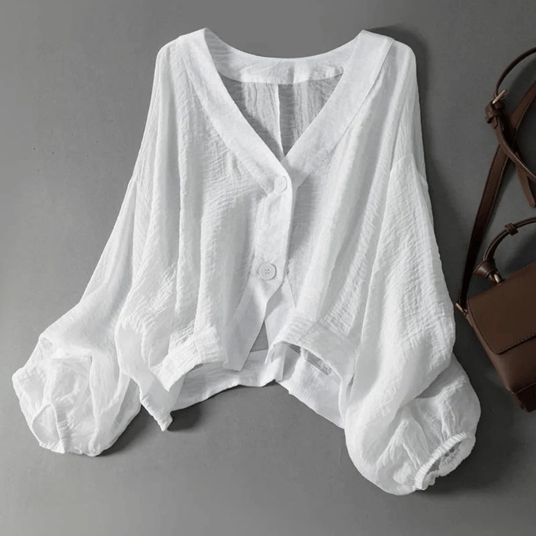 Women's V-Neck Button-Front Cropped Blouse with Balloon Sleeves and Elasticated Cuffs