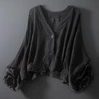 Women's V-Neck Button-Front Cropped Blouse with Balloon Sleeves and Elasticated Cuffs