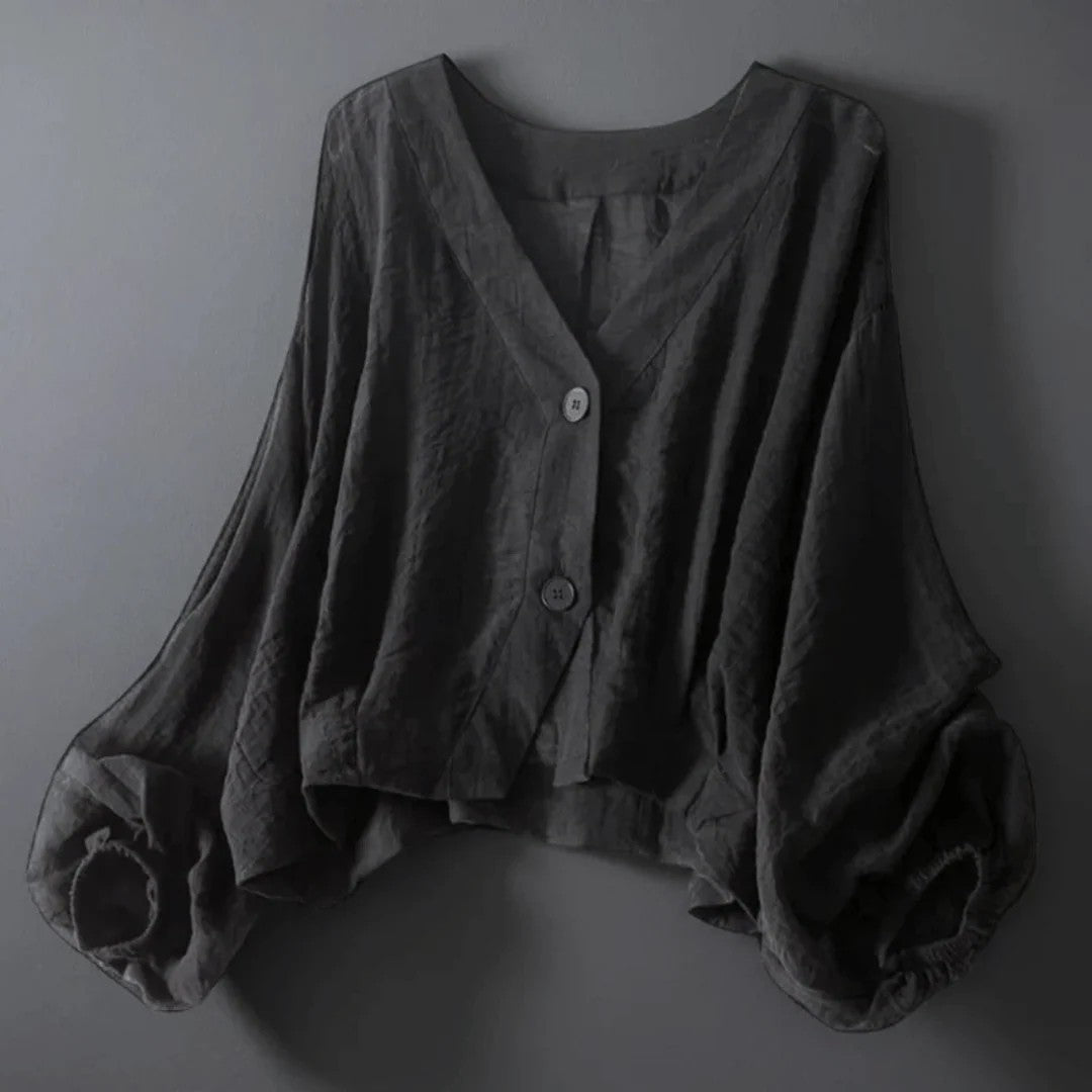 Women's V-Neck Button-Front Cropped Blouse with Balloon Sleeves and Elasticated Cuffs