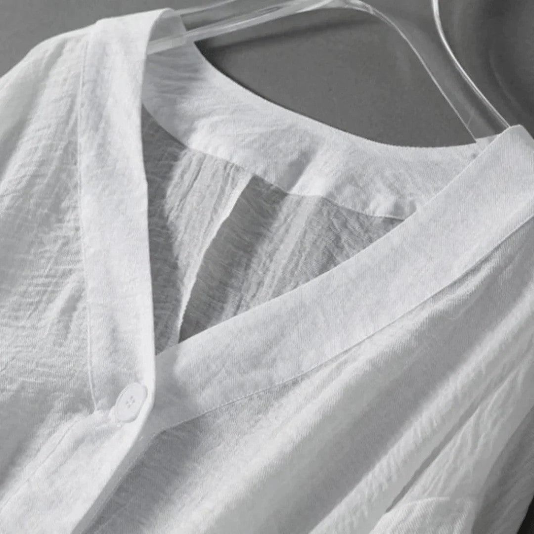 Women's V-Neck Button-Front Cropped Blouse with Balloon Sleeves and Elasticated Cuffs